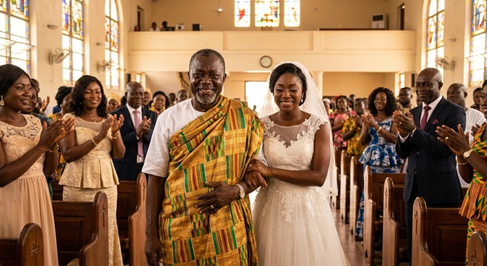 Kwame walking his daughter down the aisle at her wedding